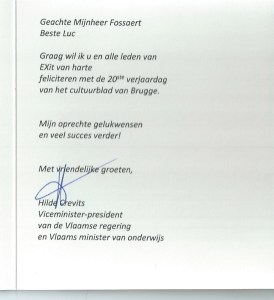 Briefje Hilde Crevits, viceminister-president van de Vlaamse Regering